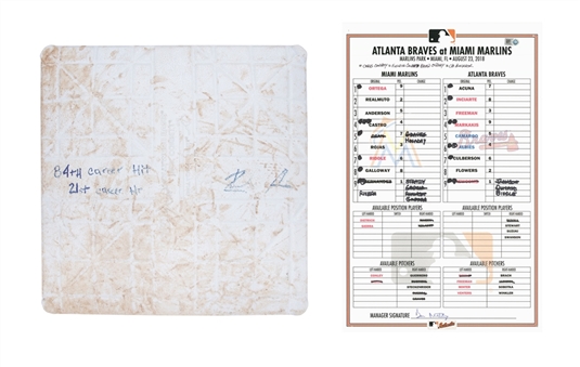 2018 Ronald Acuna Game Used & Signed Atlanta Braves vs Miami Marlins 1st Base Used On 8/23/2018 - Acuna Home Run #21 With Lineup Card (MLB Authenticated & Beckett)